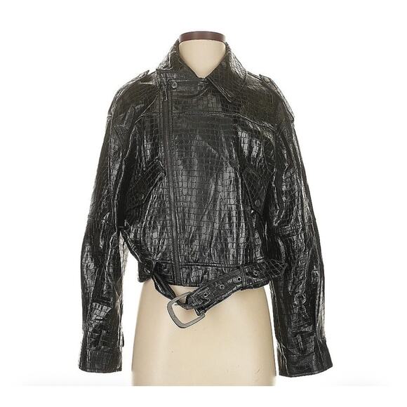 Avec Les Filles Faux Leather Cropped Belted Biker Moto Jacket Black Size Small - Picture 1 of 4